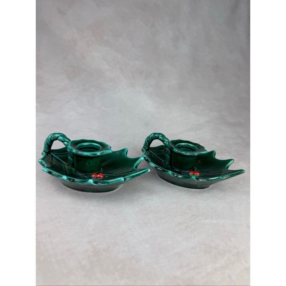 Vintage Lefton Holly Leaf Candlestick Holders READ